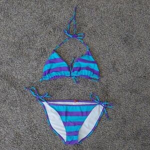 Vintage Y2K OP Blue & Purple Striped Bikini L 11-13 Adjustable Tie Beach